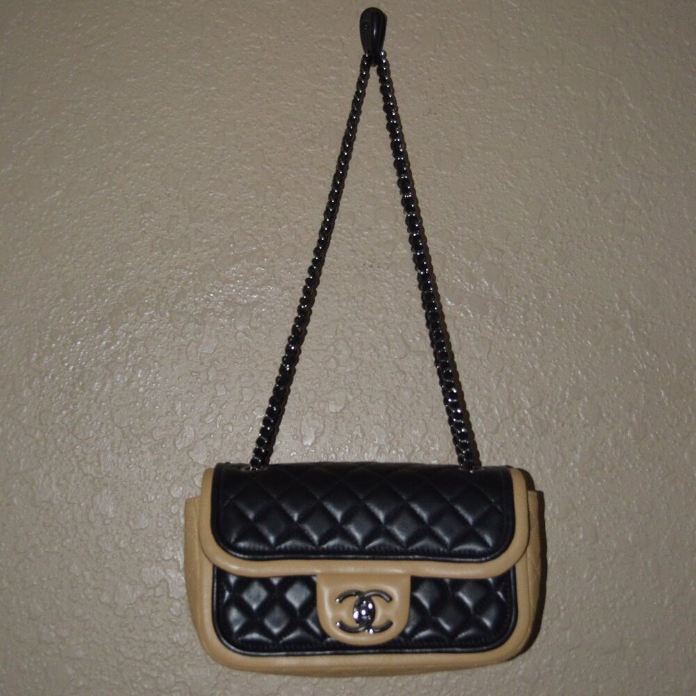 Chanel Black Small Tan Two Tone Flap Chain Strap Crossbody Shoulder Handbag - Picture 3 of 13
